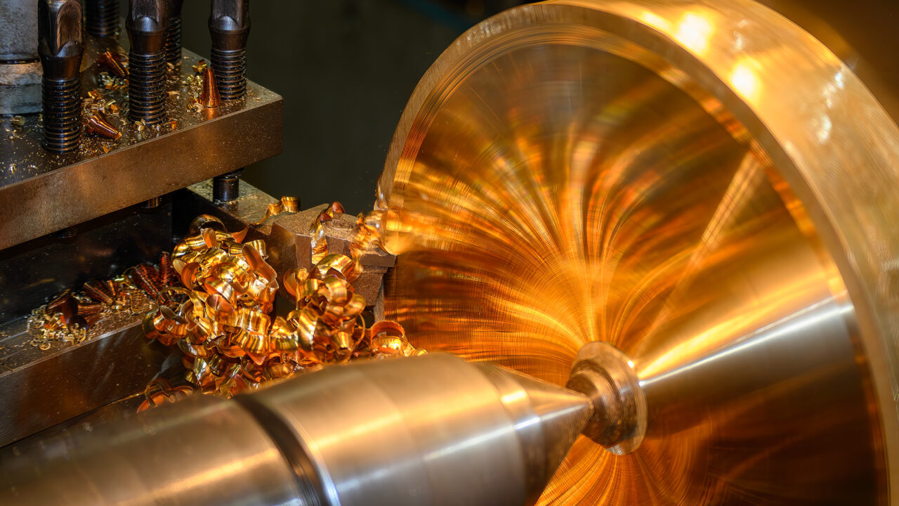 Close-up scene of the brass materials scrap from turning process.